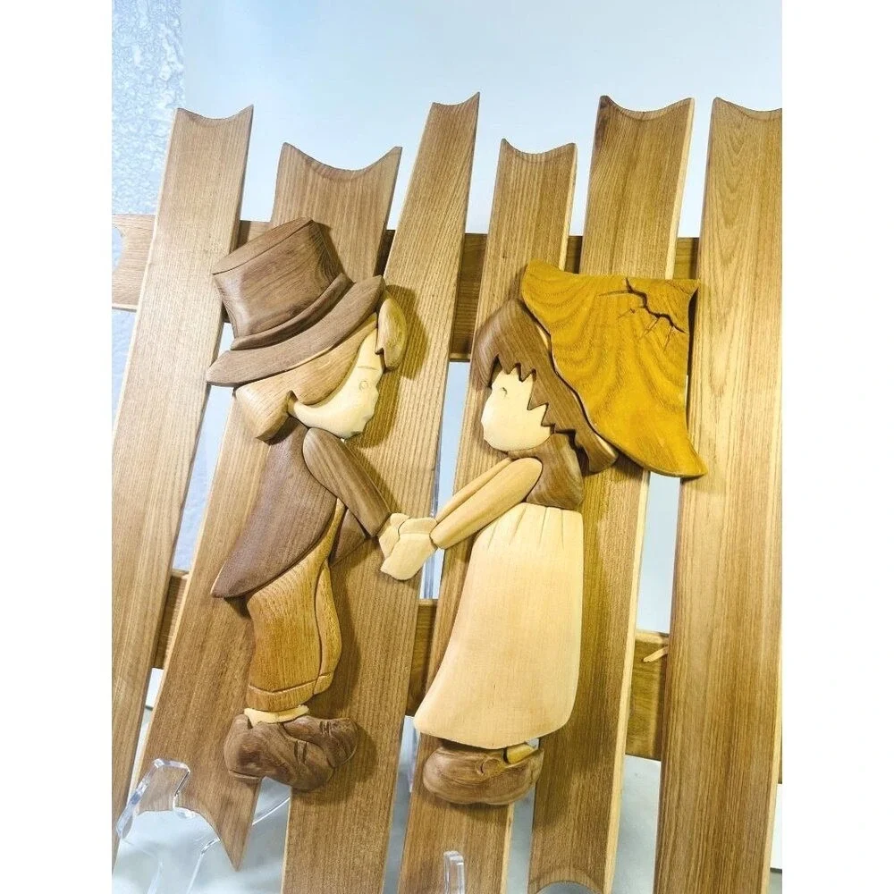 Intarsia Hand crafted 3D Wooden Wall Art Of Boy & Girl  Holding Hands Kids Decor